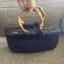 Vintage Blue Woven Straw With Bamboo Handles Walborg Handbag VLV Tiki Oasis