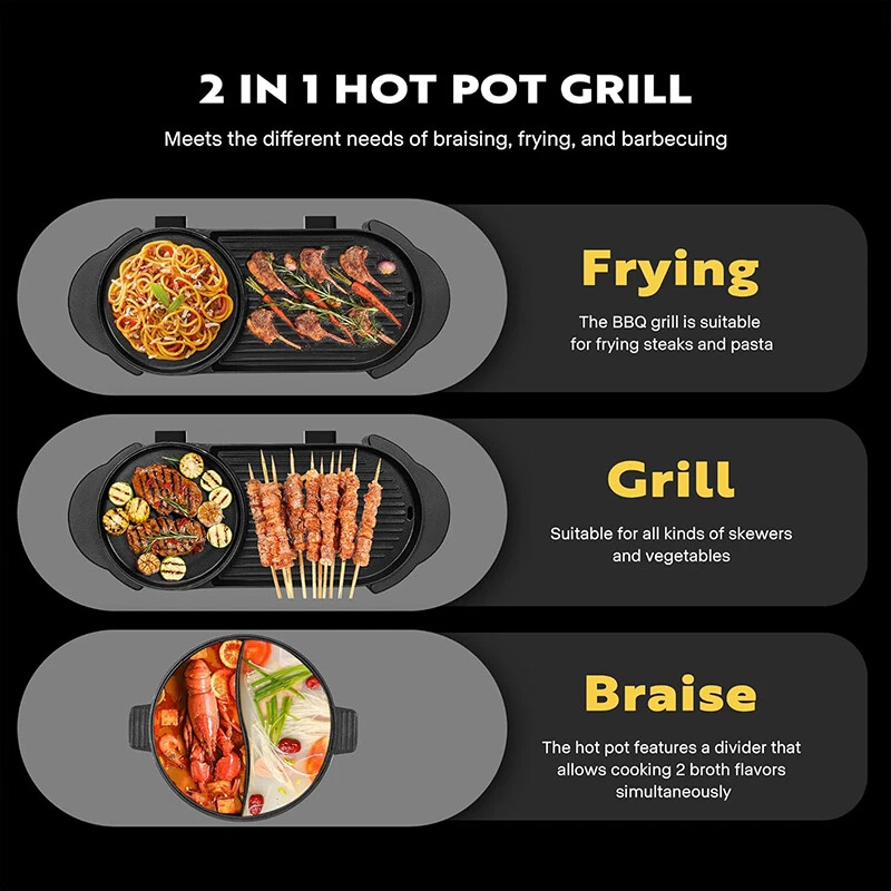 2 in 1 Electric Non-Stick Grill Hot Pot BBQ Grill Soup Shabu Pot Barbecue 2200W - Image 3 of 4