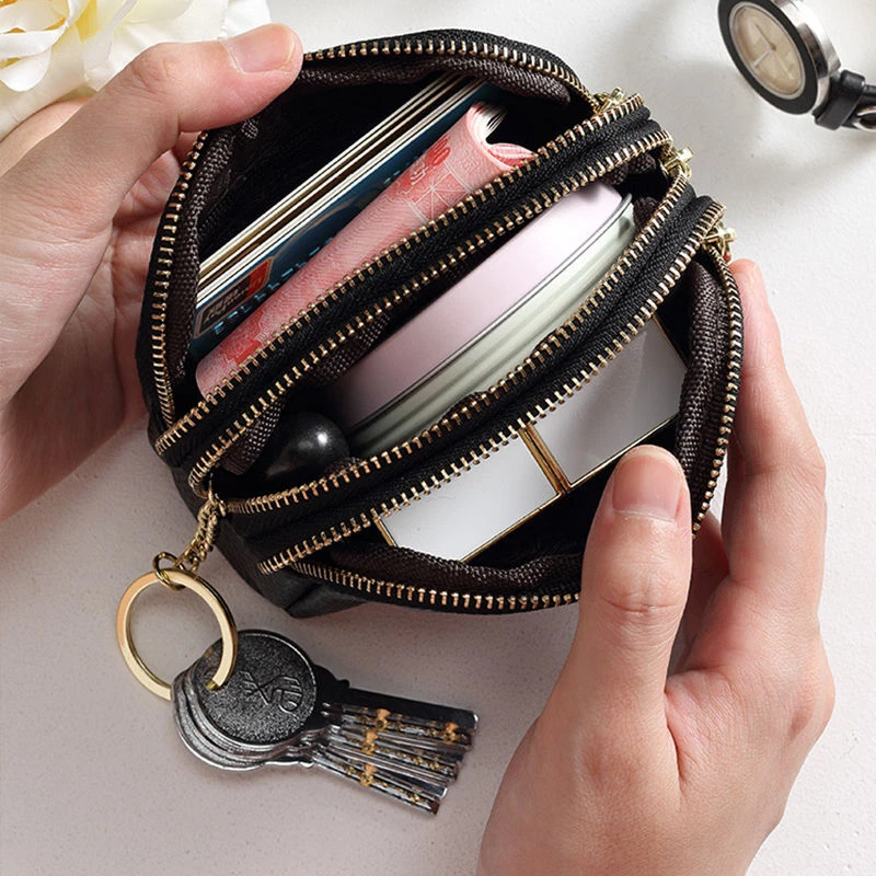 Cartera de cuero para mujer 3 cremalleras bolsillo monedero mini bolsa llavero pequeño bolsos Foto 2 de 4