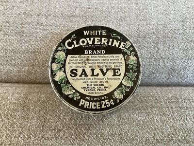 Vintage White Cloverine Brand Salve Apothecary Tin, 1oz, 25 cents