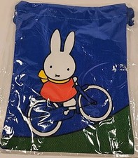 New VTG Dick Bruna Miffy On Bike Drawstring Cloth Fabric Pouch Bag Japan Blue