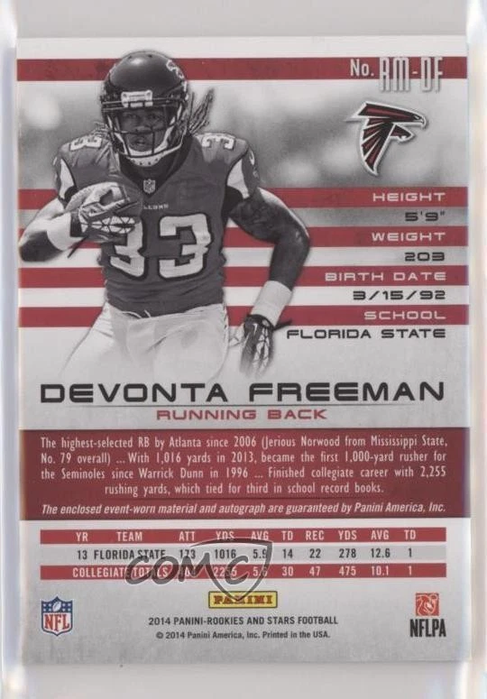 2014 Rookies & Stars Longevity Parallel Platinum /25 Devonta Freeman Auto RC - Image 2 of 2