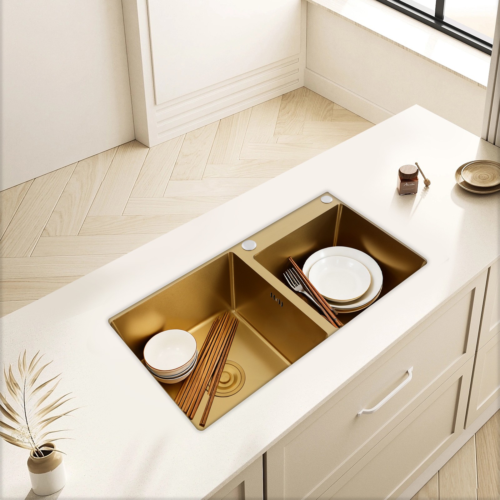 Undermount Double-Bowl Kitchen Sink, Multifunctional Stainless Steel Sink, Gold