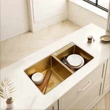 Undermount Double-Bowl Kitchen Sink, Multifunctional Stainless Steel Sink, Gold