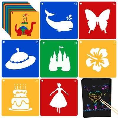 20 Pieces Stencils for Kids with 5 PCS Scratch Paper, 8 x 8 Inch Large Stenci...