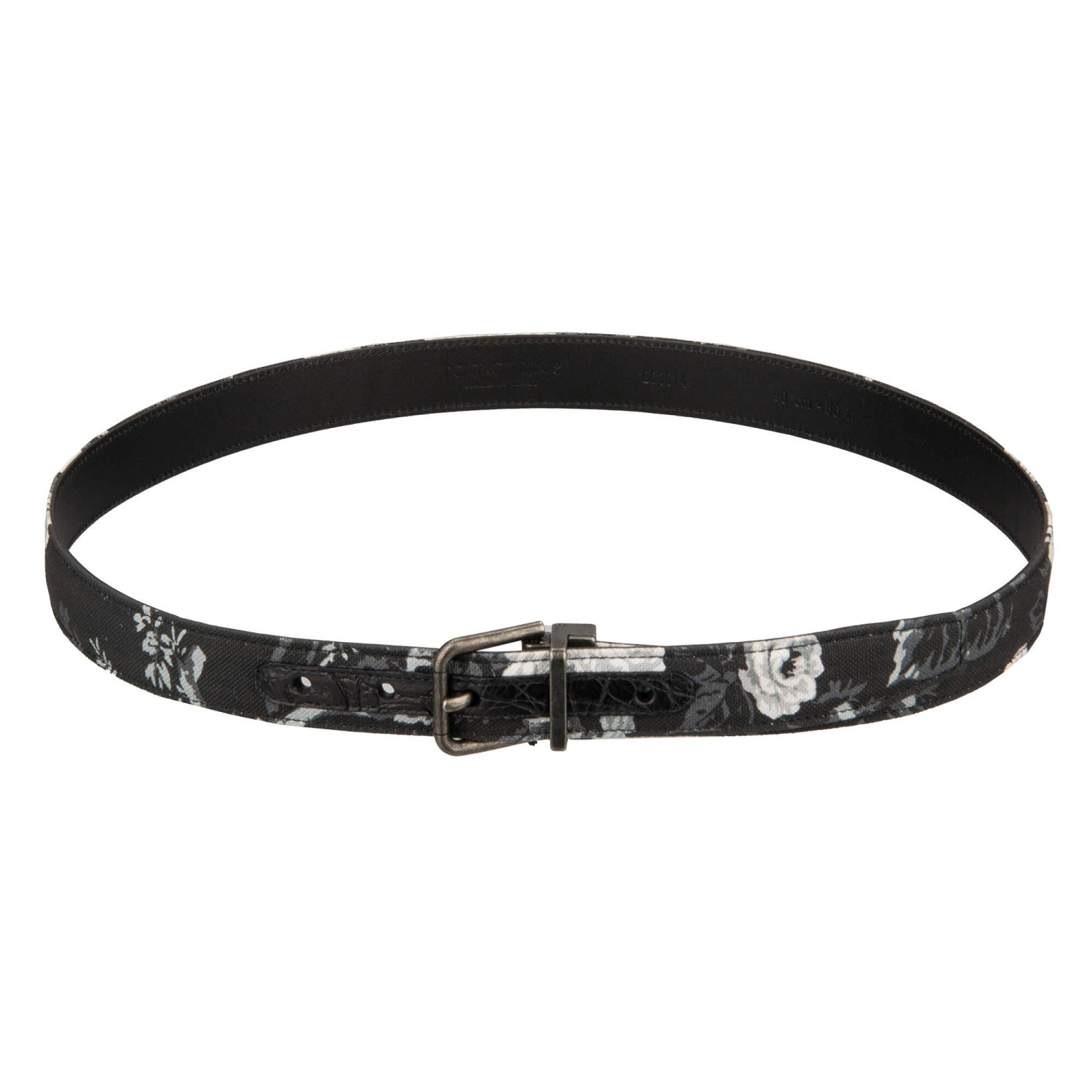 DOLCE & GABBANA Flower Cotton Gun Metal Buckle Croco Leather Belt Gray Black