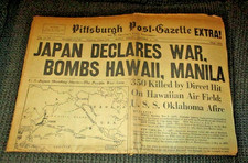 PITTSBURGH POST GAZETTE NEWSPAPER DEC. 8, 1941  JAPAN DECLARES WAR  PEARL HARBOR