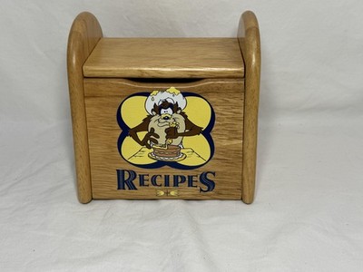Vintage 1997 Warner Bros Looney Tunes Wood Recipe Storage Box Brown Kitchen Lid