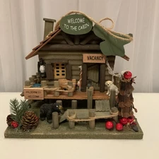 Woodland Decorative Log Cabin /Cottage Bear Birdhouse Hand Made Folk Art