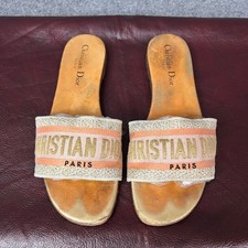Sandali Christian Dior Dway Slide tela ricamata oro rosa pesca taglia 37