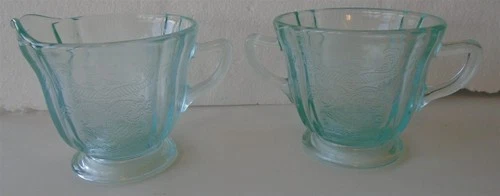 Vintage Depression Glass Reproduction Aqua Teal Madrid Sugar bowl and Creamer