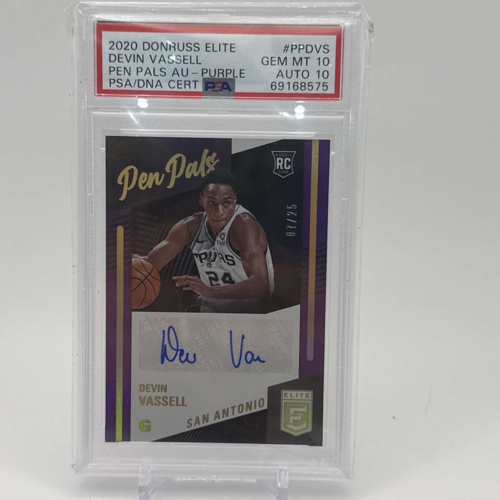 2020-21 Donruss Pen Pals Auto DEVIN VASSELL Purple Rookie Holo /25 Psa 10 Pop 1