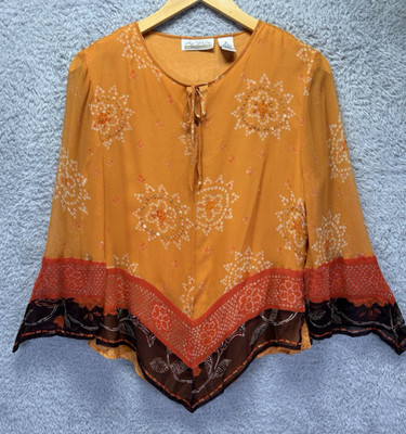 New York City Design Co Silk Orange Mandala Sequin Handkerchief Bell Sleeve