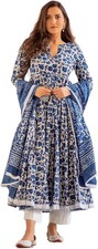 Women's Cotton Printed Blue Anarkali Kurta With Palazzo  Dupatta