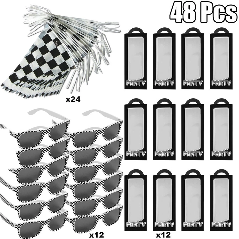 48PCS Black White Race Car Birthday Party Decoration Set Sunglasses Boxes Flags - Imagem 3 de 4