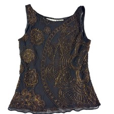 Scala Silk Beaded Top Womens Small Black Bron...