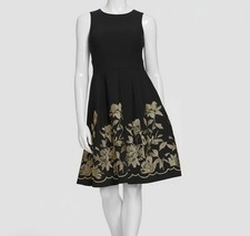 Calvin Klein Womens Black Embroidered Floral Sleeveless Fit  Flare Dress Sz 4
