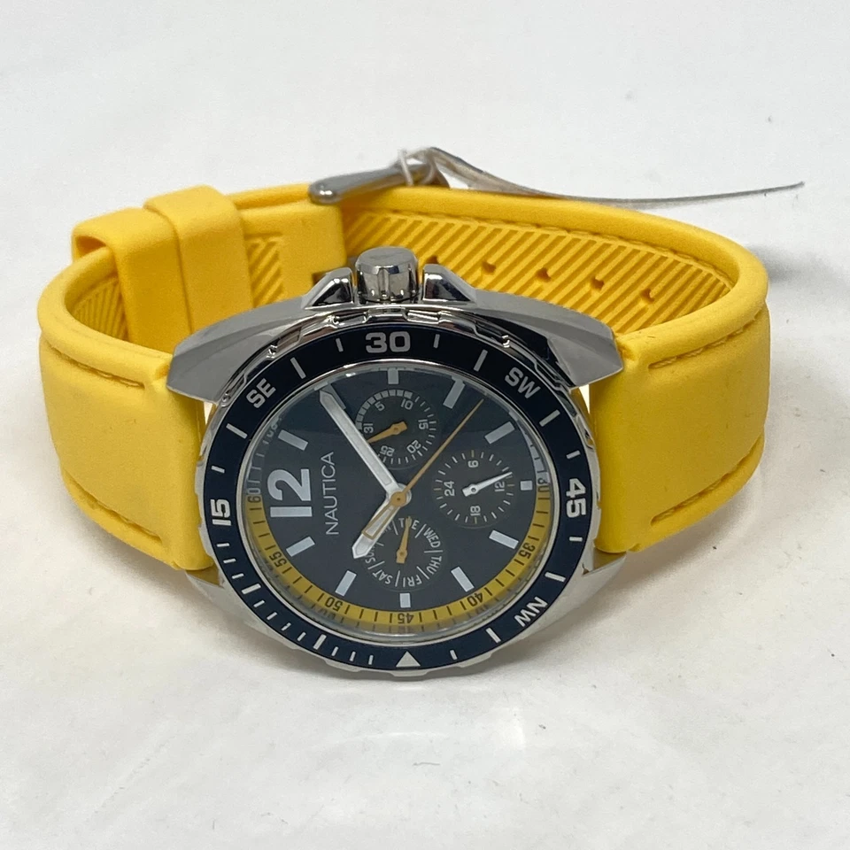 Nautica Watch Men 39mm Silver Tone Day Date Yellow Band w/Box New Battery 9" - Image 4 of 4