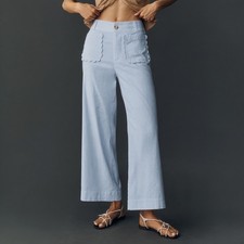 Maeve Anthropologie The Colette Scallop Pocket Wide Leg Pants 27 Linen Stretch