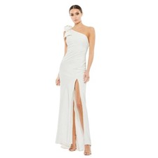 Mac Duggal NWT Crepe One Shoulder Bow Gown in White Size 8