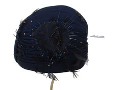 Vintage 1940s / 50s Paul Bensam Turban Blue Pleated Silk Hat Feather Detail
