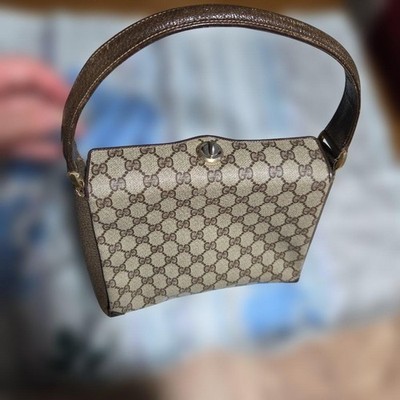 GUCCI GG Shoulder Hand Bag Turnlock Leather PVC Brown Beige Gold