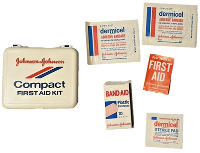 Johnson & Johnson First Aid Compact Travel Kit Wit Manual & Contents 1971 Vintag