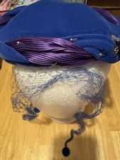 Vintage 50s 60s Blue Purple Hat Netting Beading Velvet Headpiece Womens Formal