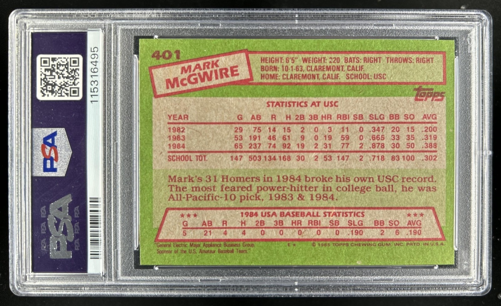 1985 Topps Mark McGwire - Rookie RC #401 PSA 8 view 2