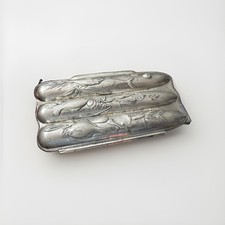 Vintage Chinese Embossed Pewter 3 Cigar Case Koi Fish Lobster Clam Marine Motif