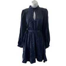 Anthropologie Dress Womens Medium Petite Blue Mini Jacquard High Collar Belted