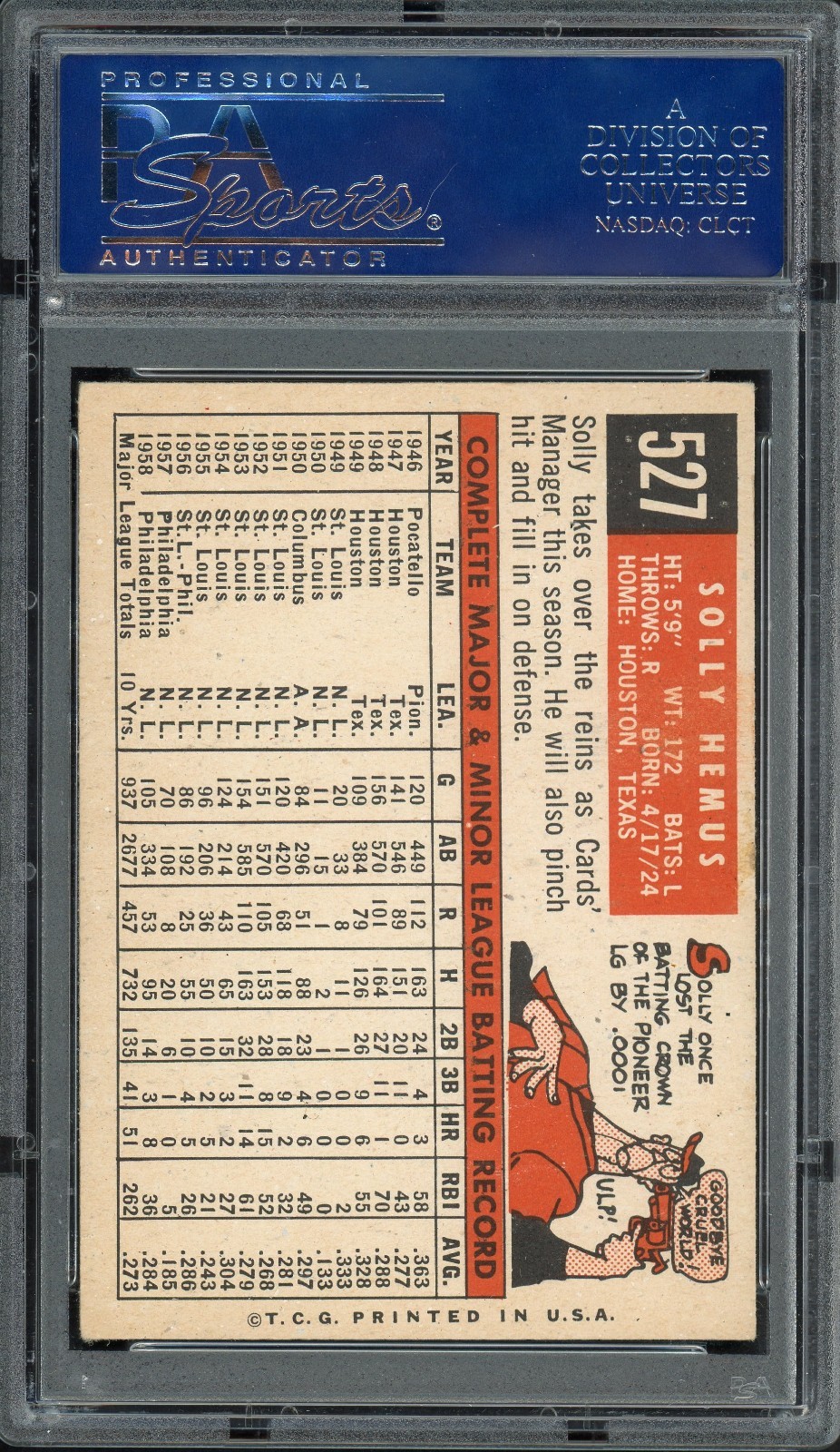 1959 Topps Solly Hemus #527 (CARDINALS) PSA 5 view 2