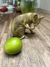VTG antique Brass Cat Licking His Paw Doorstop Statue 
