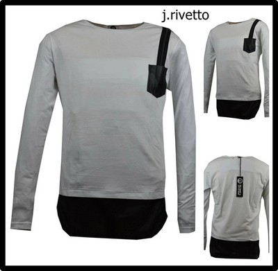 Herren T-Shirt Langarm Rundhals Shirt Baumwollshirt L Weiß Tasche
