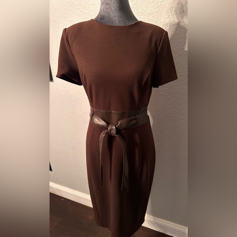 calvin klein solid faux-leather tie-waist sheath dress Calvin Klein Black Sleeveless Sheath Dress with Textured Neckline – SilkRoll main image 1