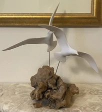 Vintage John Perry Sculpture Two Seagulls Birds Wood Burl Base Mid Century