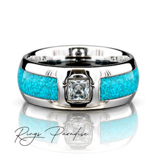 Turquoise Tungsten Ring | Square Stone Wedding Band | Silver Gemstone Ring