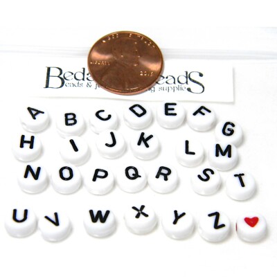 50 Black & White 7mm Round x 4mm Plastic Acrylic Disc Coin Alphabet Letter Beads