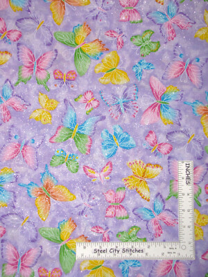 Butterfly Butterflies Silver Glitter Purple Cotton Fabric Traditions By The Yard