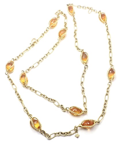 David Yurman 18k Yellow Gold Citrine Figaro Link 40" Long Chain Necklace - Picture 3 of 8