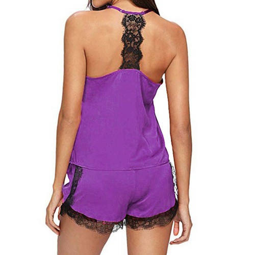 Womens Sleepwear Cami Set Satin Pajamas Sexy Lace Cami Tops Shorts Nightwear Set - Foto 9 di 20