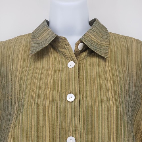 Spenser Jeremy 100% Silk Striped Button Blouse Tunic Womens L Retro Tan Green - Picture 2 of 11