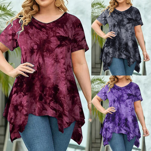 Plus Size Womens Tie Dye Tunic Tops Ladies Oversized Short Sleeve T Shirt Blouse