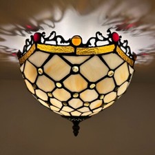 Tiffany Style Ceiling Lights Fixture Beige Stained Glass LED Bulbs 8"H 12"W 12"D