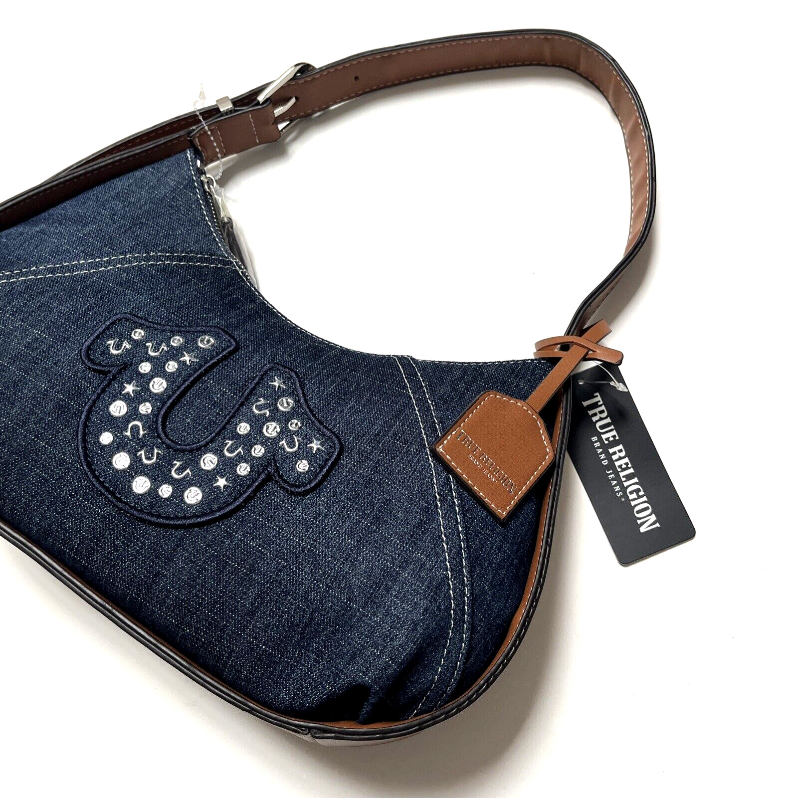 NWT Original TRUE RELIGION Denim Shoulder Bag Embellished Horseshoe Studded Blue image 2