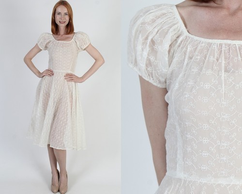 Vtg 1900s Edwardian Wedding Dress Sheer Embroidered Victorian Lawn Tea 40s Gown