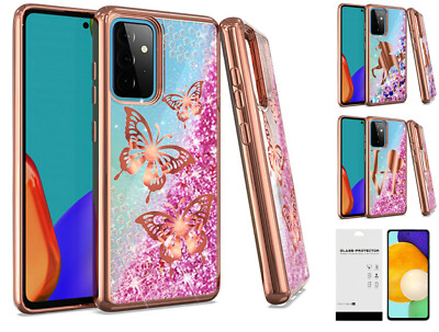 FOR Samsung Galaxy A52 A52S 5G Liquid Glitter Case Cover Tempered  Glass
