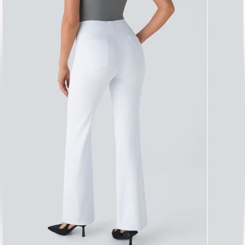 Halara Flex sz Petite Medium White High Waisted Slight Flare Work Pants New - Picture 3 of 8