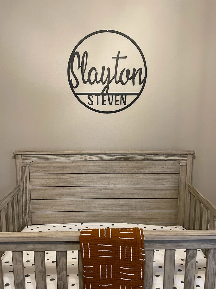 PERSONALIZADO Bebé Guardería Metal Nombre Signo Personalizado Recién Nacido Cuna Redonda Decoración de Pared Foto 3 de 4