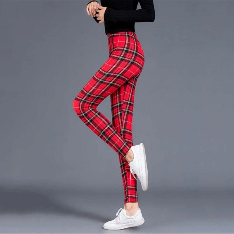 High Waist Women Leggings Push Up Plaid Pattern Casual Gym Workout